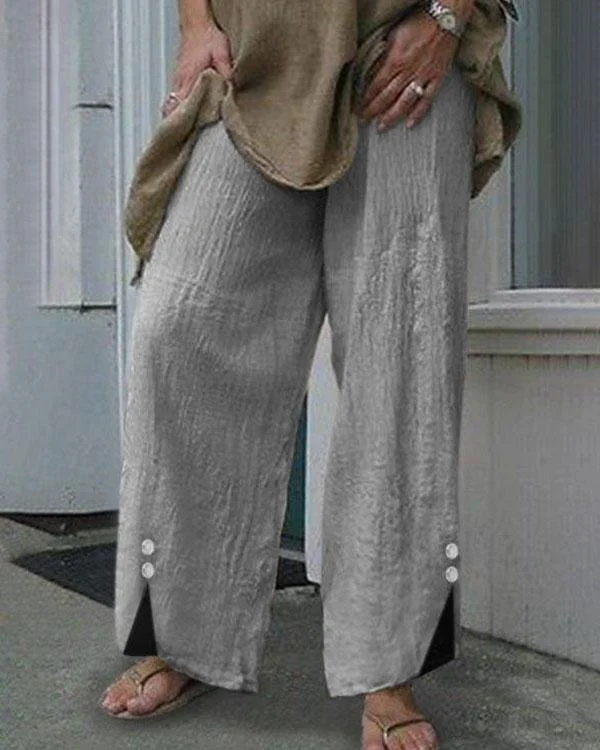 Women Plus Size Elastic Waist Button Decor Linen Cotton Pants