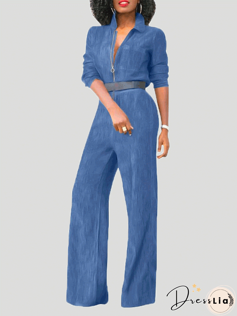 Women'S Jumpsuits Lapel Zip Long Sleeve Denim Jumpsuit