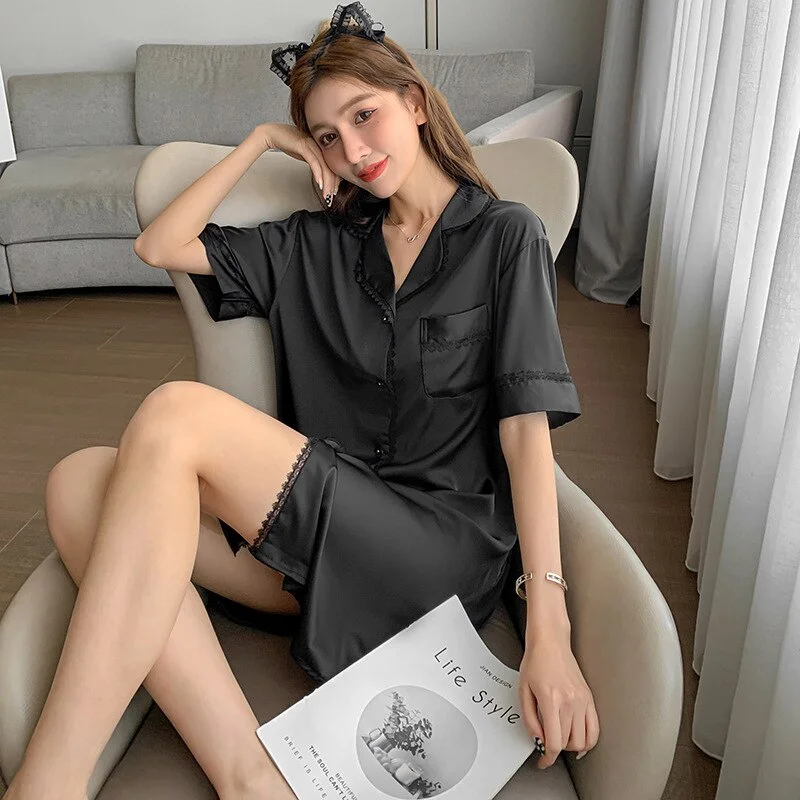 Sleep Shirt Women Nightdress Lingerie Female Kimono Dressing Gown Summer Loungewear Princess Style Nightgown Satin Nightwear