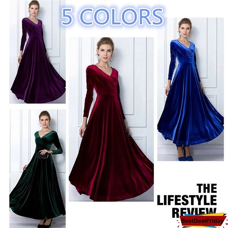 New Style Womens Autumn Winter Dress Velvet Long Sleeve V Neck S-3XL