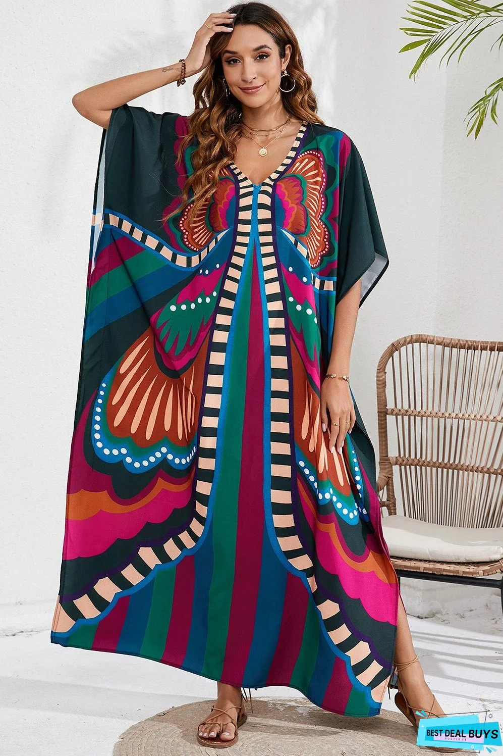 Slit Printed V-Neck Short Sleeve Cover Up