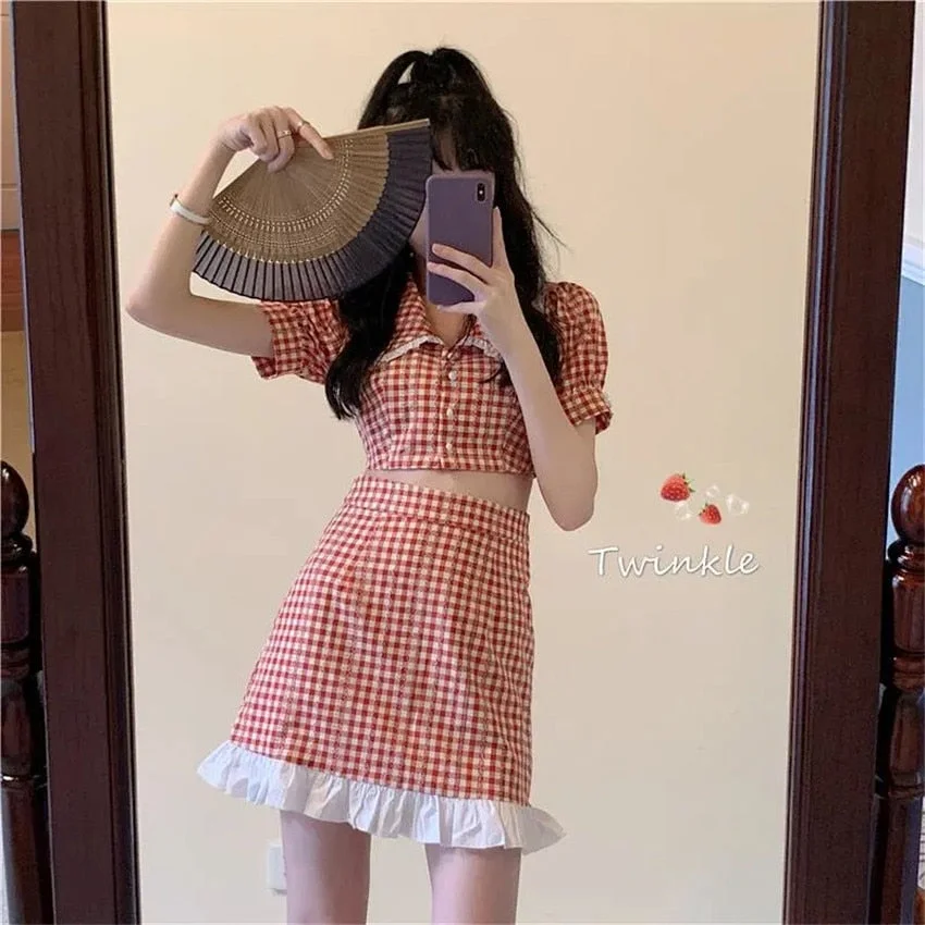 Harajuku Two Piece Set Korean Summer Casual Plaid Crop Tops Mini Skirt Outfits Women Matching Sets Vestidos Mujer Verano 2021