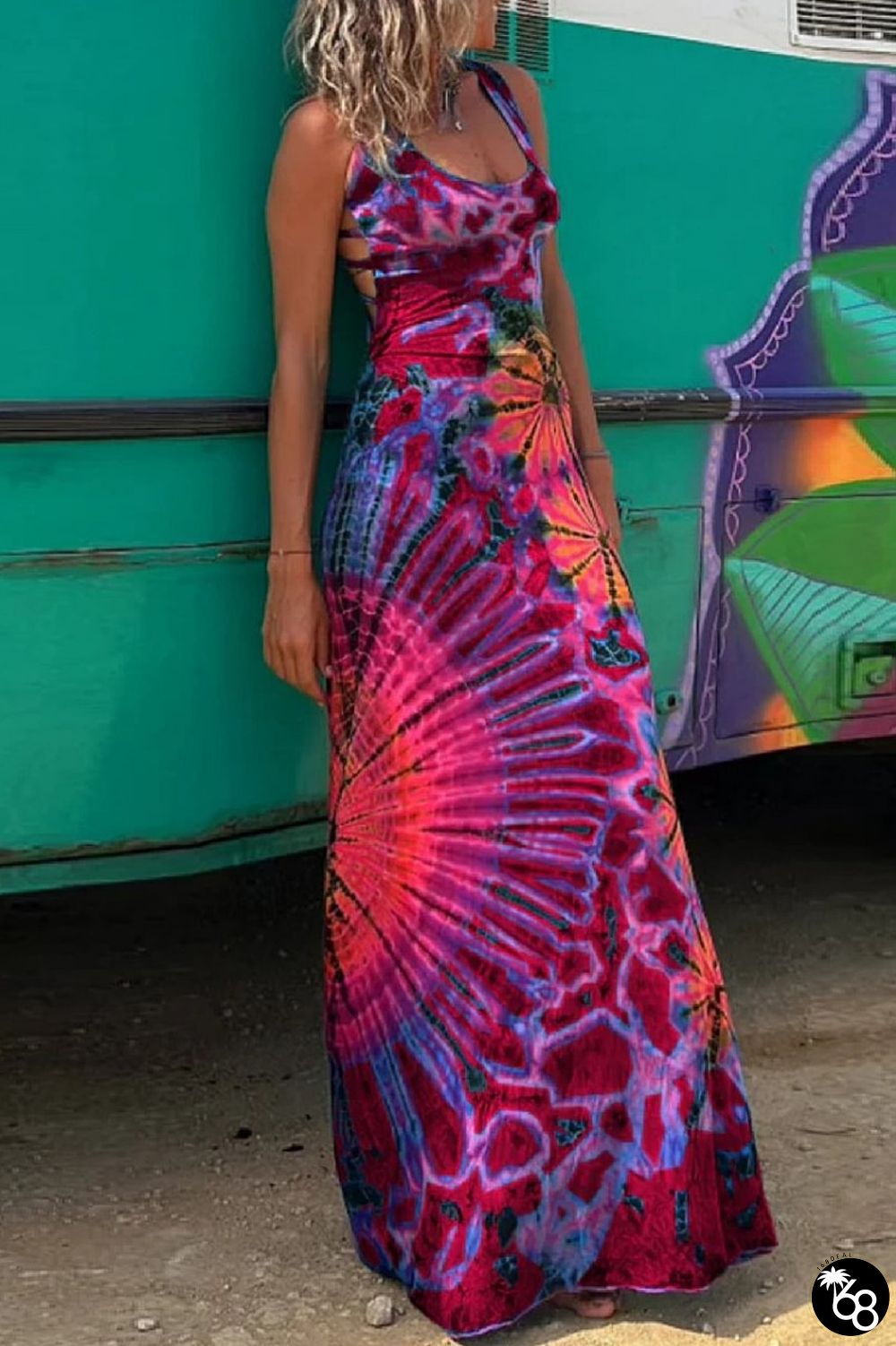 Red Casual Print Backless U Neck Vest Dress Dresses | 168DEAL