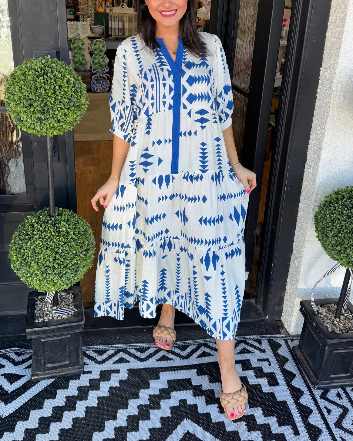 Women's Button V Neck Geometric Print Dress (Buy 2 Free Shipping)