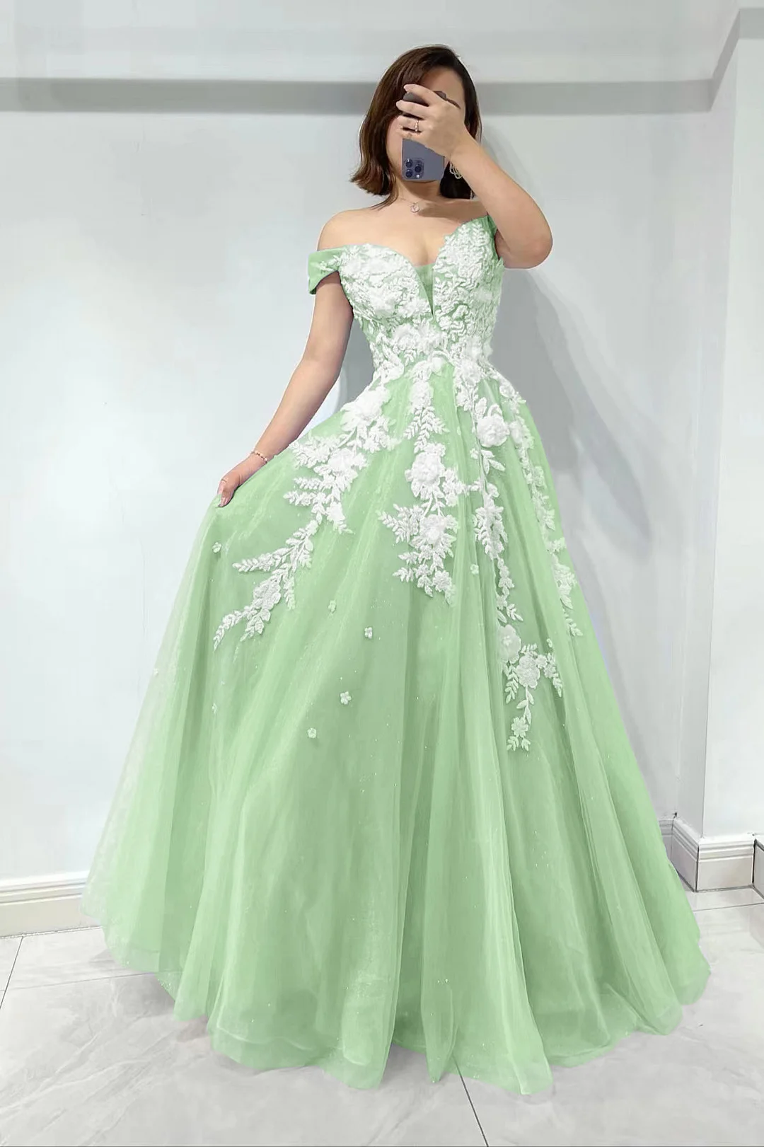 Off the Shoulder Long Tulle Gown with Sweetheart Neck Mist Plus Size