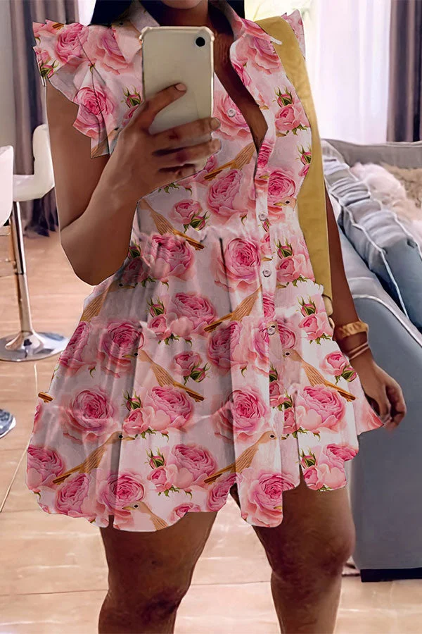 Rose Print Girly Tiered Mini Dress