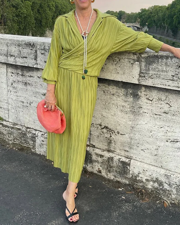 Pressure Pleated Slant Closure Dress