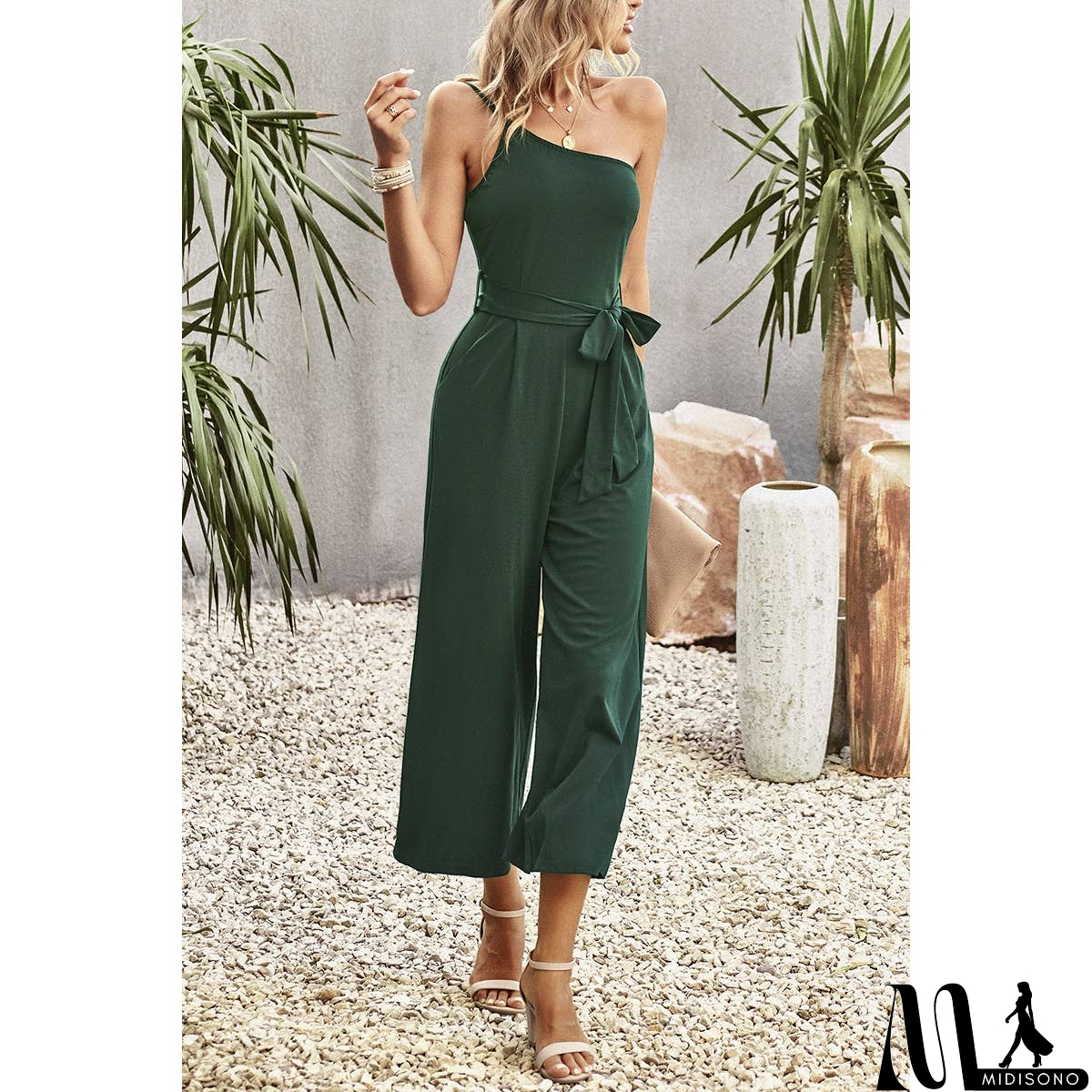 MidiSono - One Shoulder Belt Knot High Waist Jumpsuit