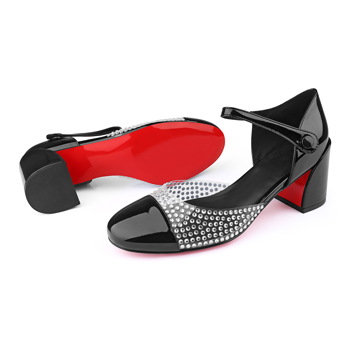 55mm Women's Round Toe Rhinestone Chunky High Heels Mary Jane Red Bottom Shoes-MERUMOTE