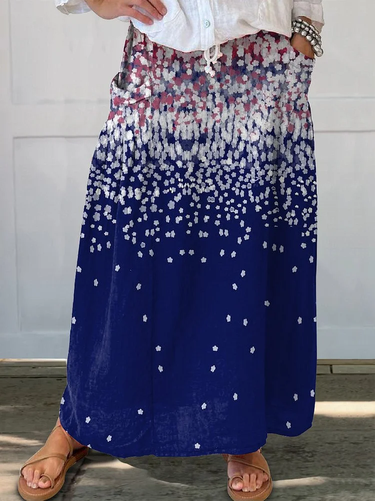 Women's Gradient Background Casual Print Linen Pocket Skirt