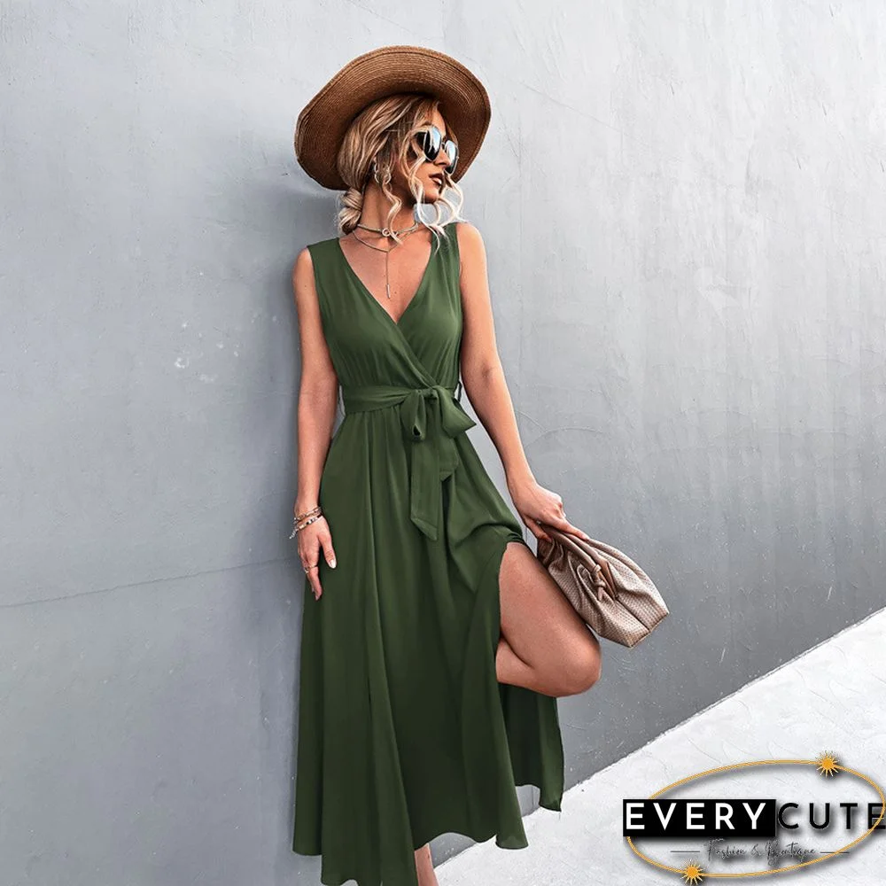 Sexy V-neck Cross Strap Sleeveless Slit Dress Black Dresses