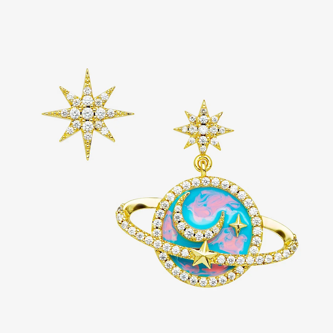 Star and Unique Colorful Saturn 14K Gold Asymmetric Earrings