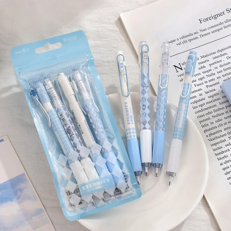 Journalsay 4 Pcs/Set Simple Blue White CP Plaid Press Gel Pens 0.5mm Black Ink Writing Student Drawing Neutral Pens