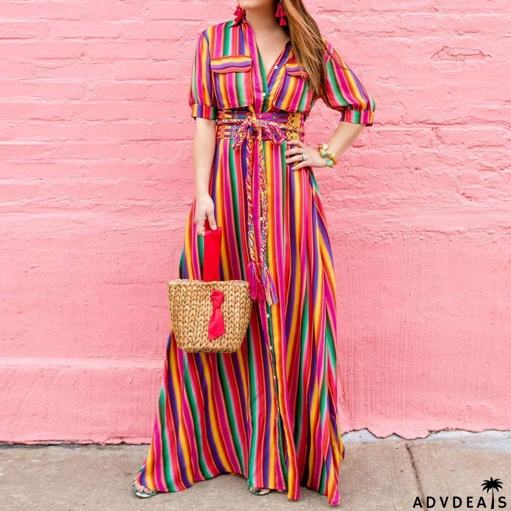 BOHO Button Down Collar Stripes Roll Up Sleeve Maxi Vacation Dresses
