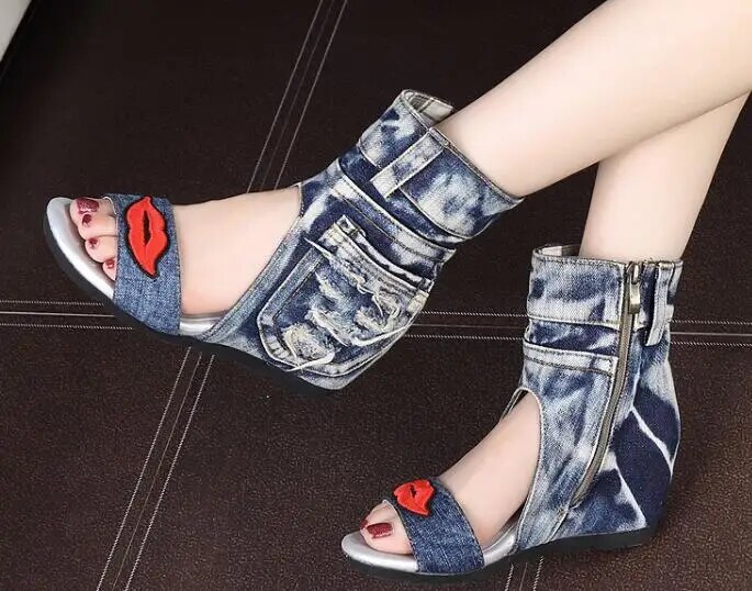 VCSHOES Girls Dark Blue Jeans Denim Open Toe Hollow Sandals Ankle Boots Women Height Increasing Wedges Zipper Side Leisure Shoes