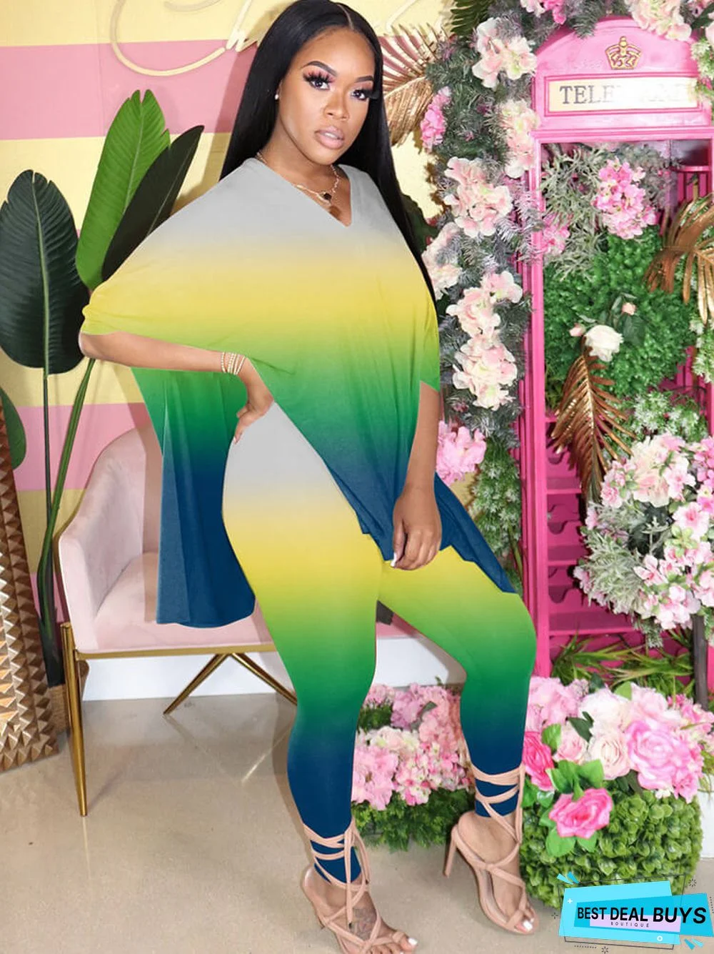 Plus Size Two Piece Tie Dyed Slit Tops+Bodycon Pants Sets