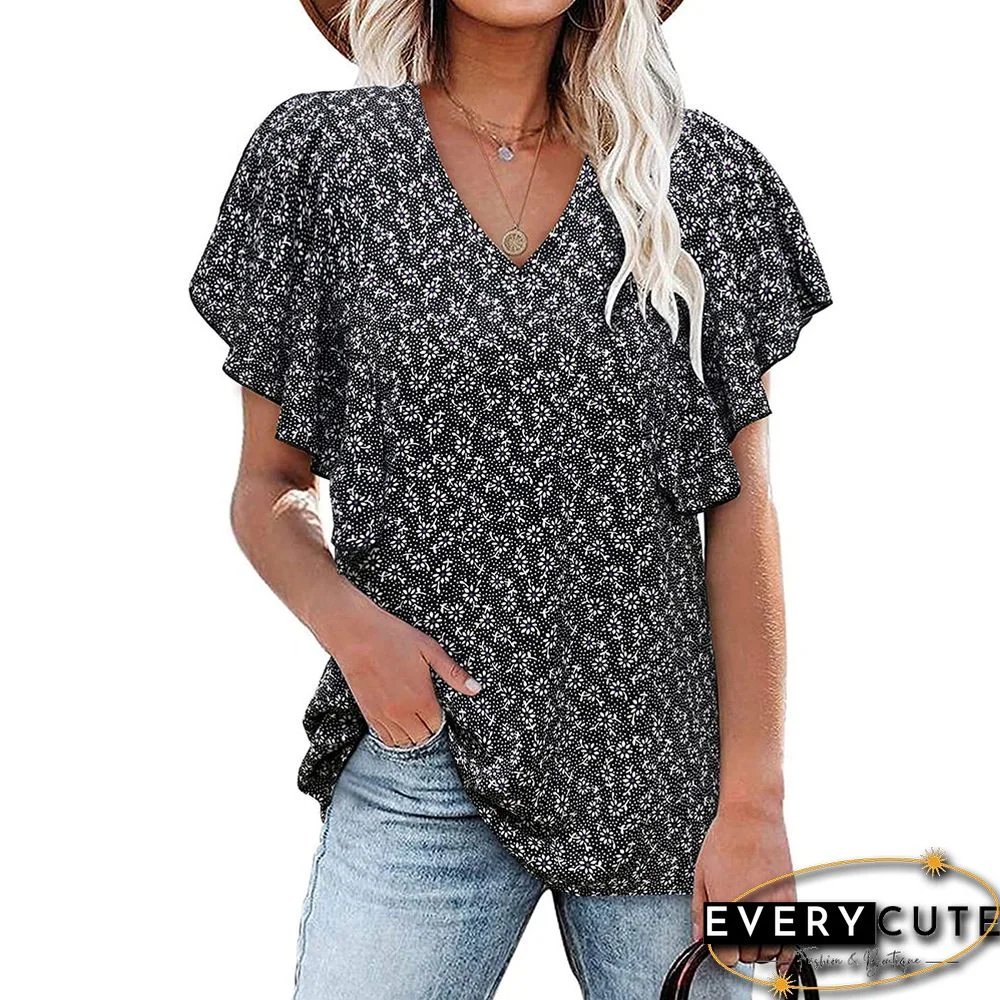 Black V Neck Floral Print Ruffle Short Sleeve Tops