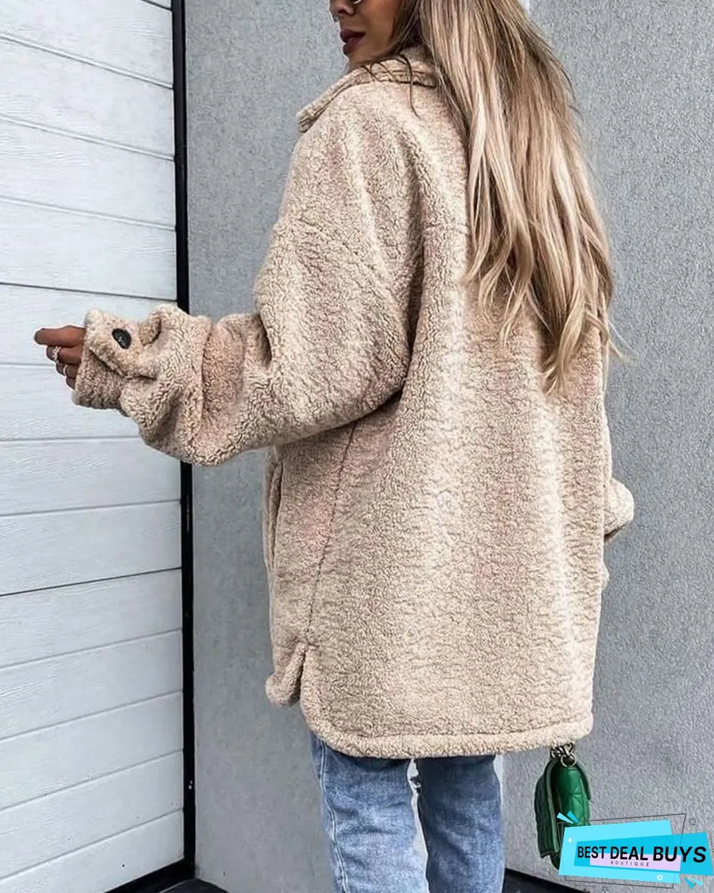 Long Sleeve Flap Pocket Button Down Teddy Coat