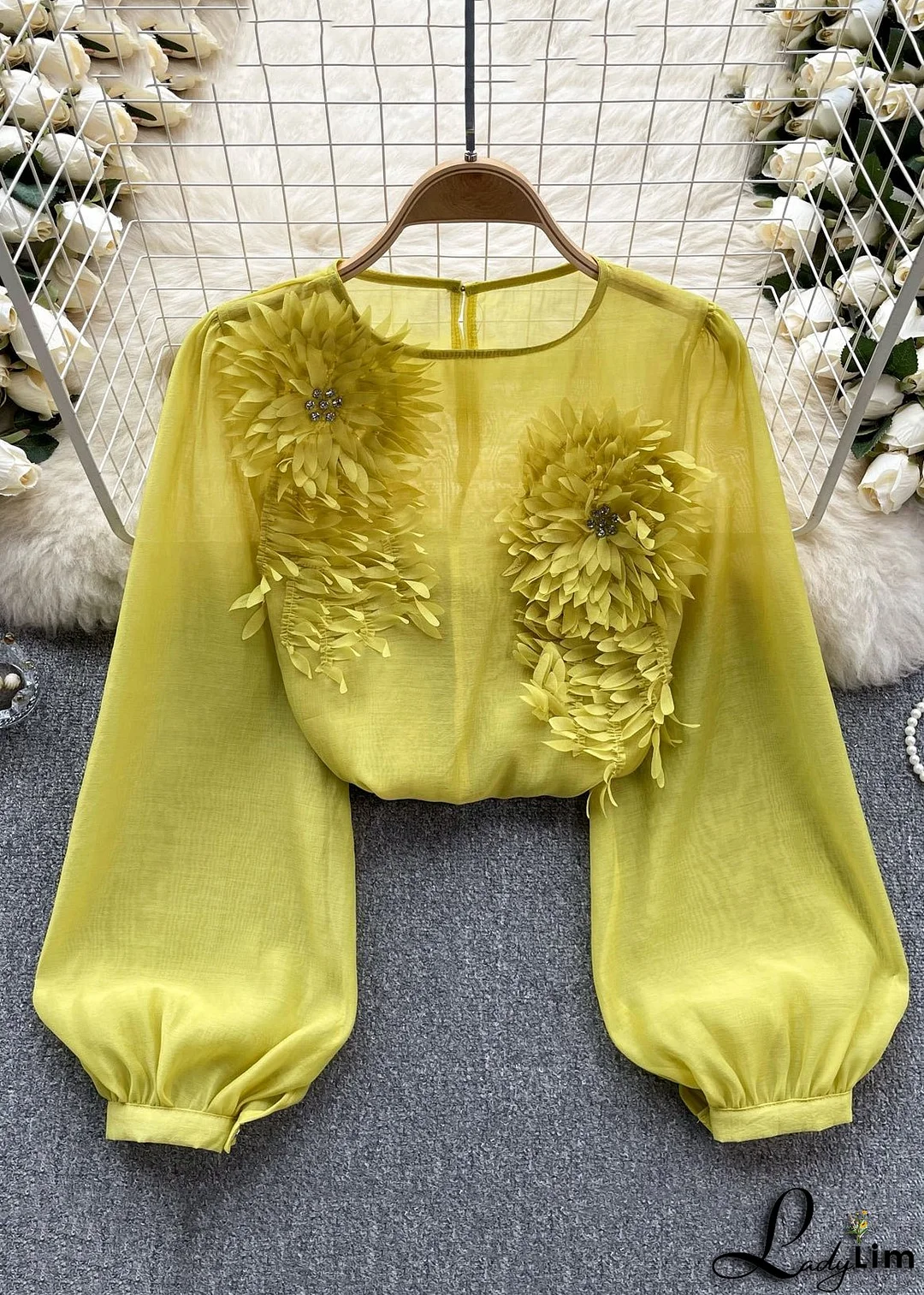 Floral Yellow O Neck Solid Chiffon Shirts Long Sleeve
