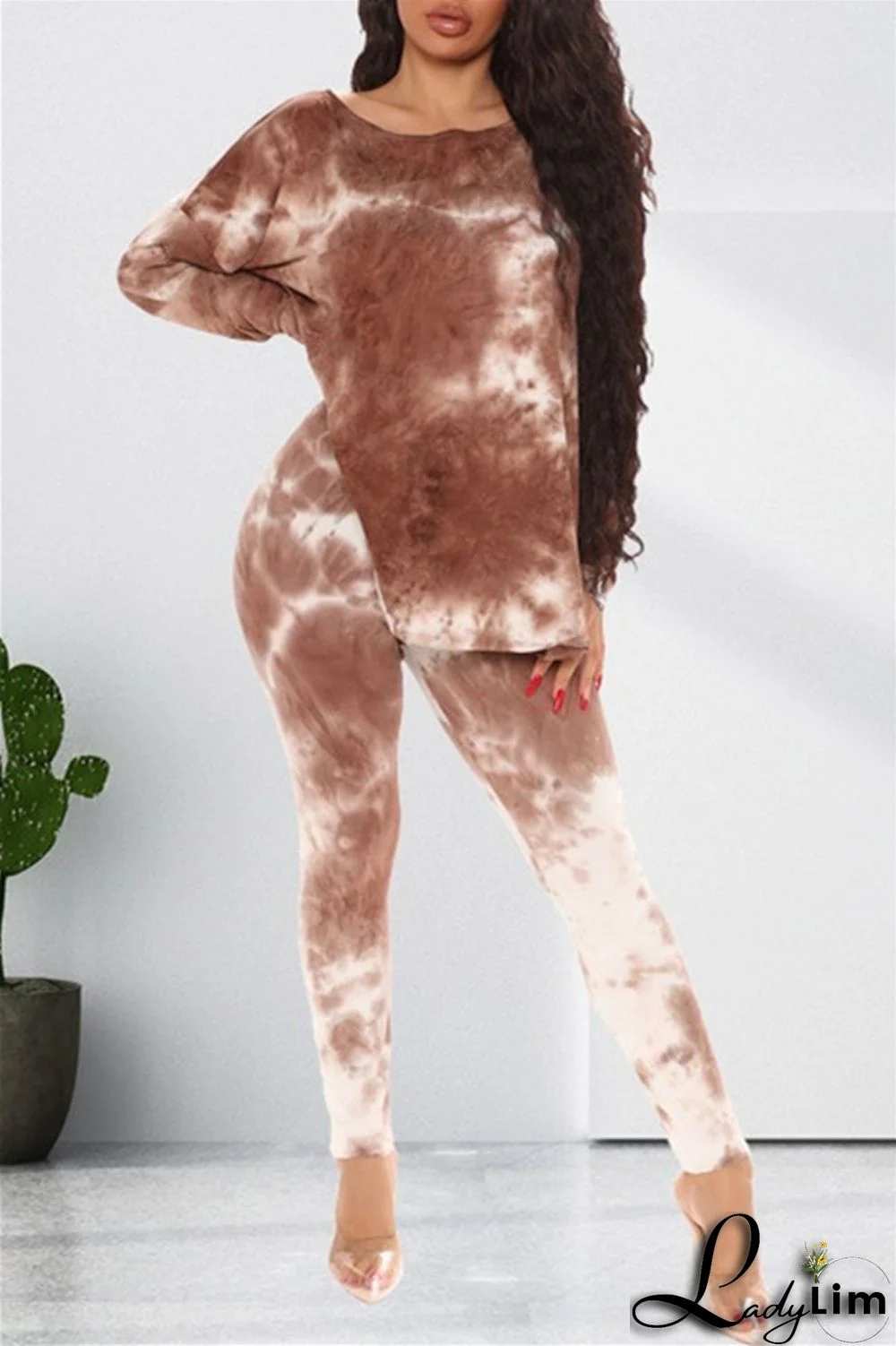 Light Coffee Fashion Casual Print Tie Dye Backless O Neck Long Sleeve Two Pieces