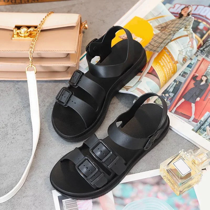 Women Flat Sandals Gladiator Buckle Soft Jelly Shoes Female Casual Ladies Thick Sole Woman Beach Shoes 2021 Summer Footwear