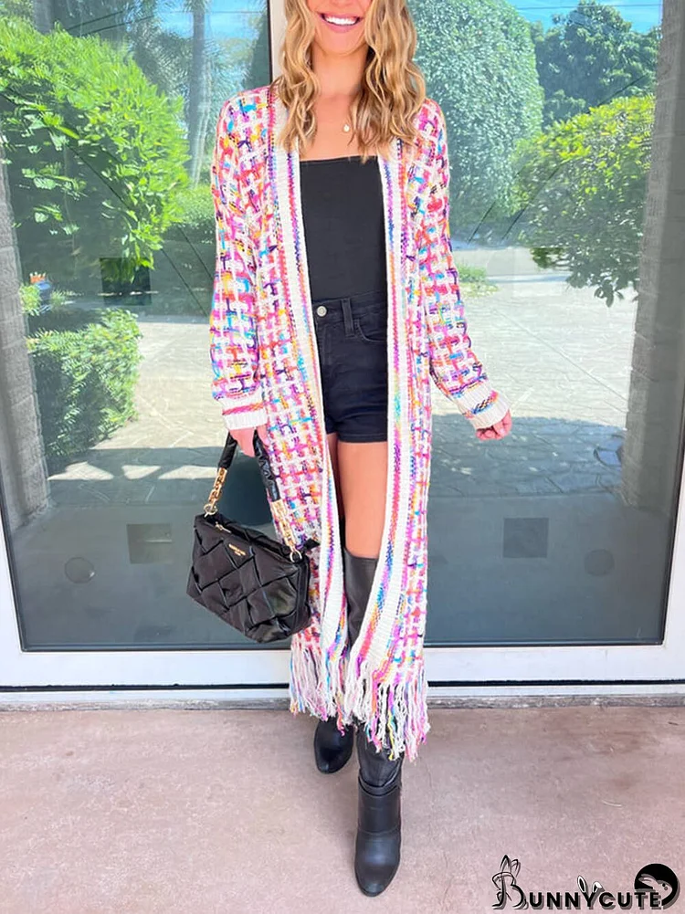 Boho Multicolor Fringe Hem Longline Cardigan