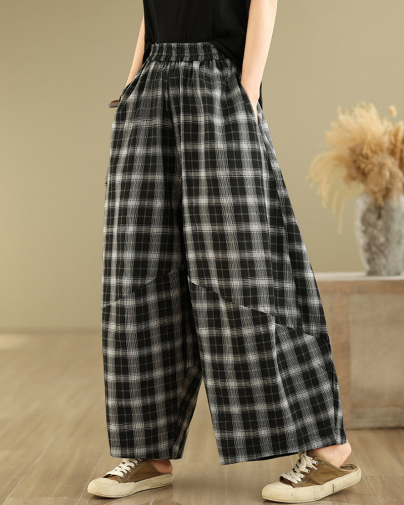 Black And White Plaid Side Pockets Loose Wide Leg Pants