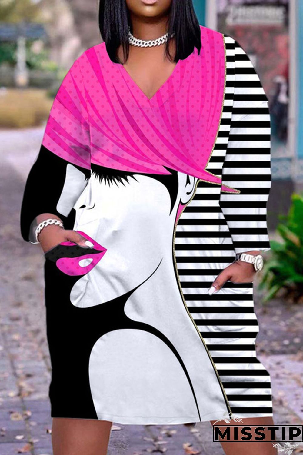 Grey Black Casual Street Print Patchwork V Neck Printed Dress Dresses