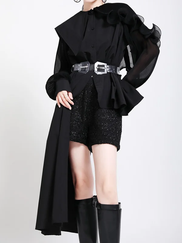 Long Sleeves Loose Asymmetric Pleated Solid Color Split-Joint Falbala Lapel Blouses&Shirts Tops