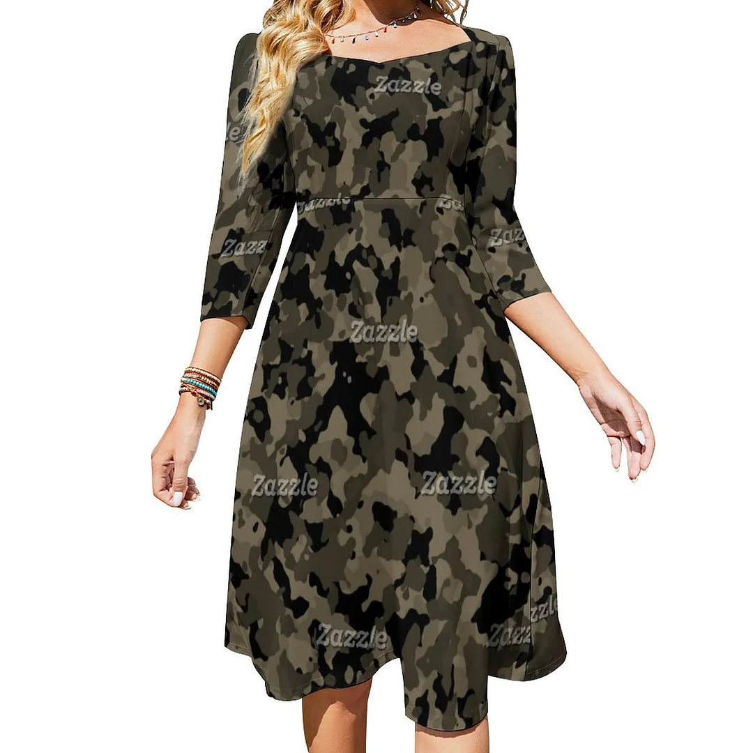 Camouflage Large Camo Safari Green Black Dress Sweetheart Tie Back Flared 3/4 Sleeve Midi Dresses
