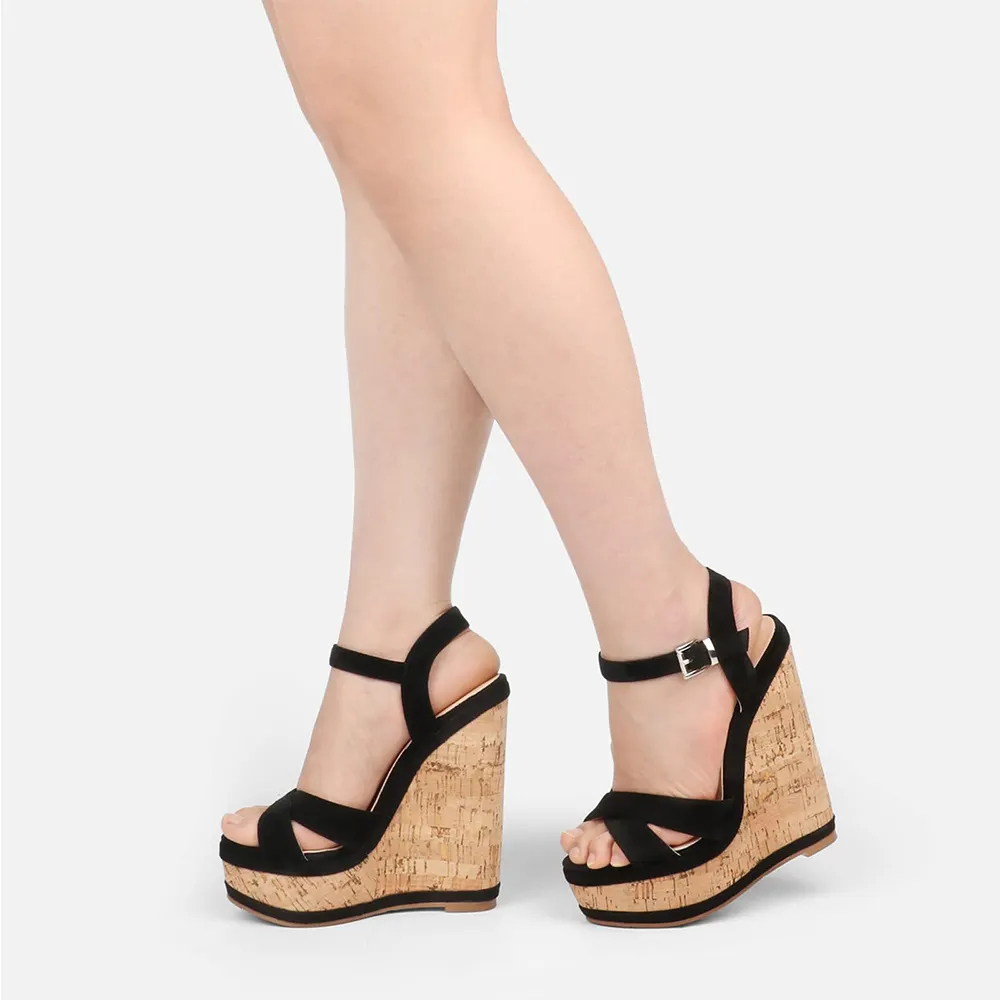 150mm/5.9" Women's Fashion Platform Wedge Sandals Heeled Buckle Shoes For Summer-vocosishoes