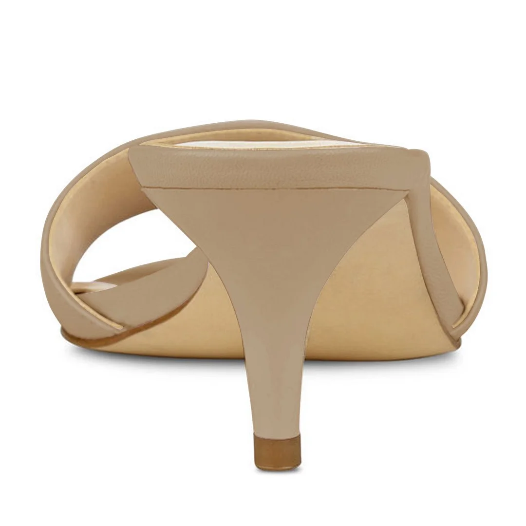 Beige Vegan Leather Round Toe Wide-Band Kitten Heel Slip-On Mules 