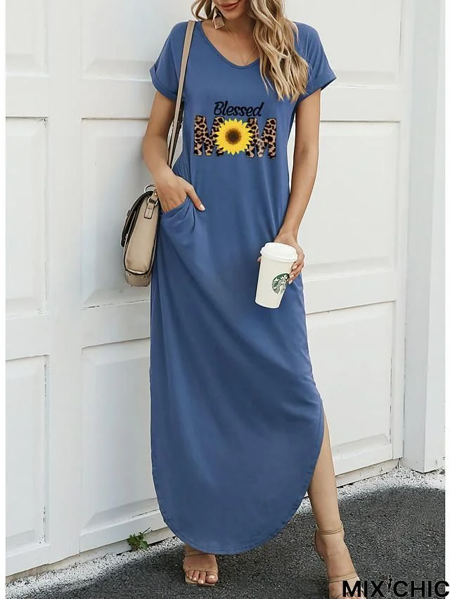 Women's Sheath Dress Maxi Long Dress Short Sleeve Print Split Patchwork Print Spring Summer Hot Casual Blue Red Green Brown