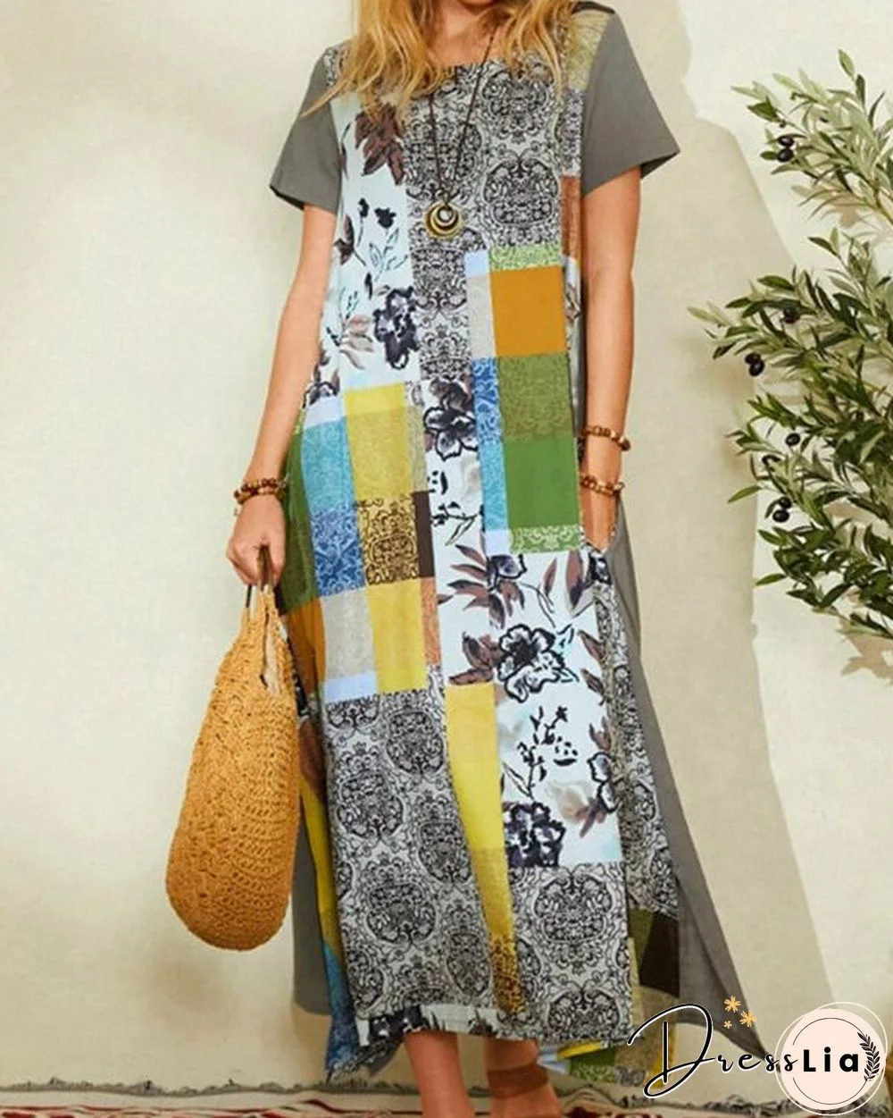 Printed Crew Neck Bohemian Irregular Maxi Dress