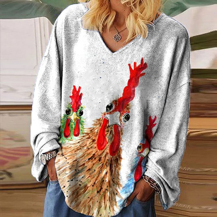Vefave Loose Chicken Print Long Sleeve T-Shirt