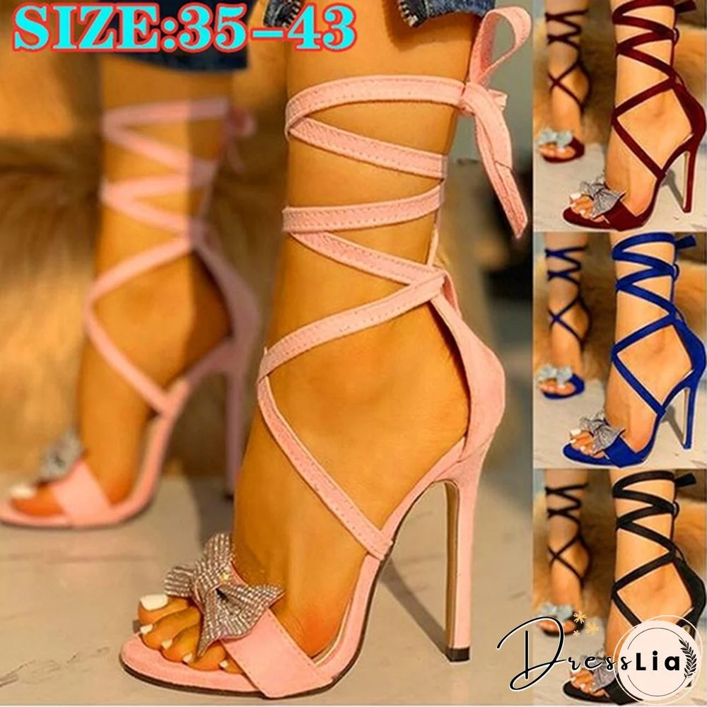 Women Ladies Fashion Glitter Bow Crisscross Thin Heeled Sandals Open Toe Cutout Stiletto Heel Sexy High-heel Sandals Plus Size