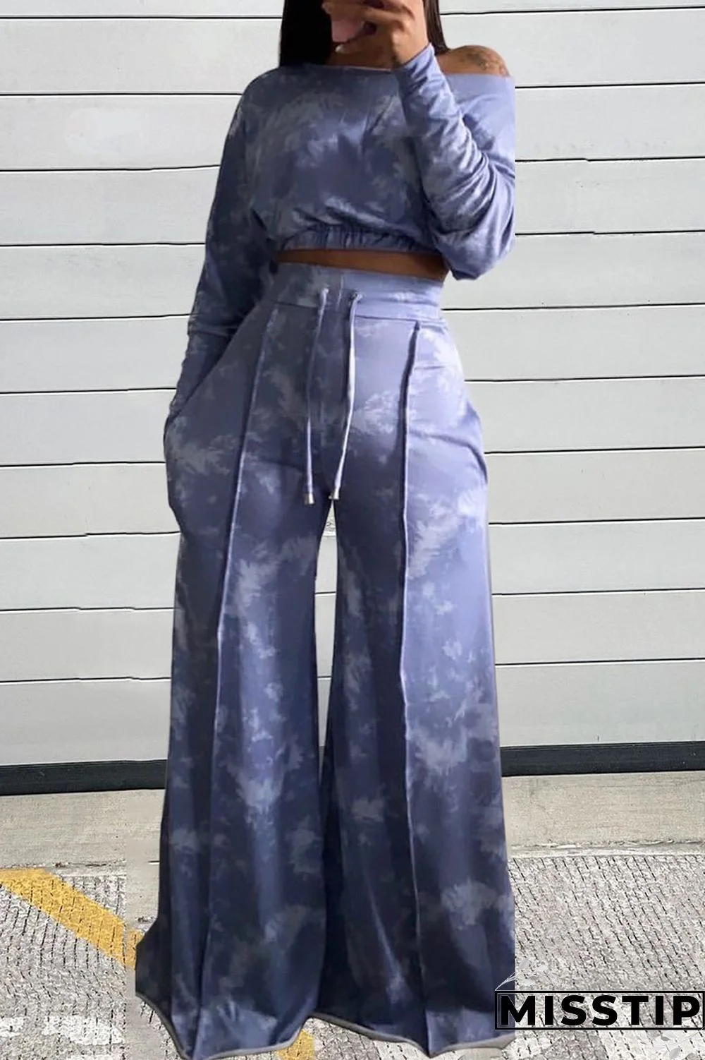 Blue Casual Print Tie-dye Off the Shoulder Long Sleeve Two Pieces