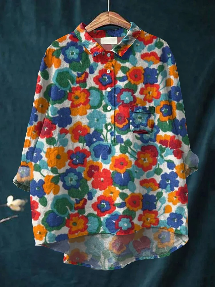 Women's Flower Art Print Casual Cotton And Linen Shirt
