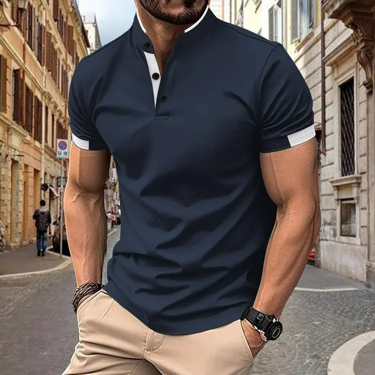 Men's Casual Color Block Stand Collar Short Sleeve T-Shirt