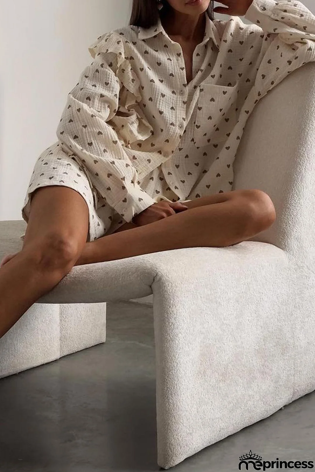 Heart Print Ruffle Long Sleeve Shirt Two Piece Shorts Set