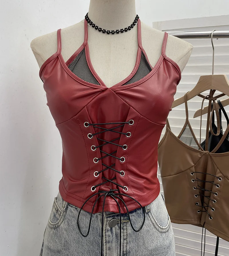 Nigikala Nigikala Shooting Locomotive Punk Pu Splicing Fishing Net Hanging Neck Sling Vest Babes Wearing Rope Repair Short Blouse 8106