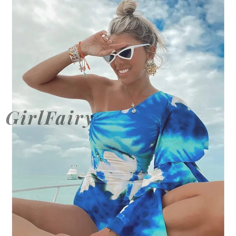 Girlfairy One Piece Swimsuit Shoulder Multi-Layer Flared Sleeves Swimwear Women Printed Bathing Suit