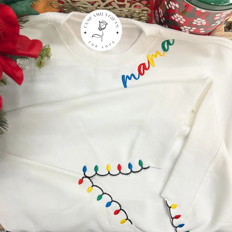 Colorful Embroidered Lights Sweatshirt Custom Mama With Kids Name On The Sleeve