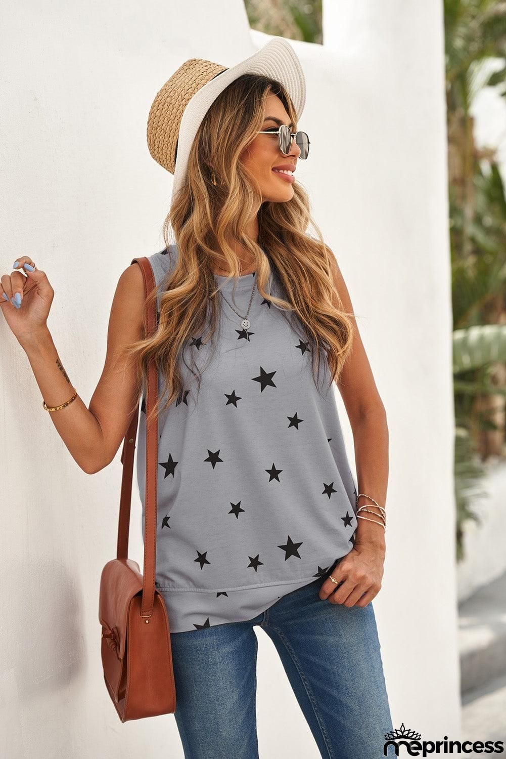 Star Print Tank with Slits