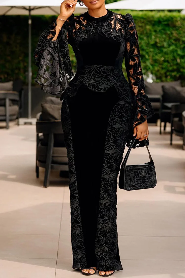 Plus Size Formal Black Round Neck Flare Long Sleeve See Through Elegant Bodycon Lace Two Piece Pant Sets [Pre-Order] 2024 - Xpluswear