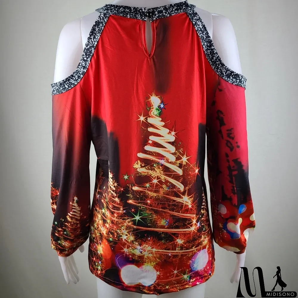 MidiSono - Christmas Sexy Print Hollow Out Sequins Long Sleeve Top