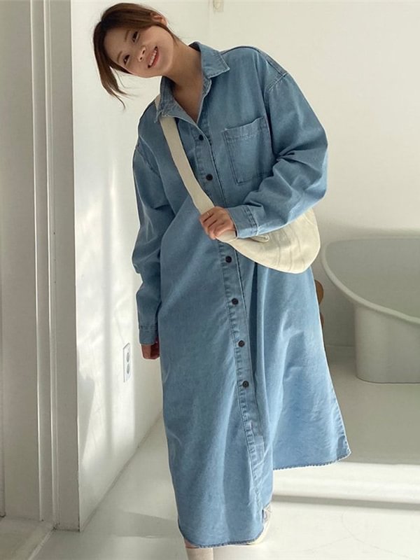 Vintage Solid Color Denim Column Midi Dress