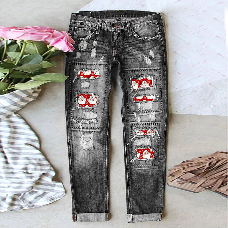 Santa Print Panel Ripped Straight-Leg Jeans wearshes