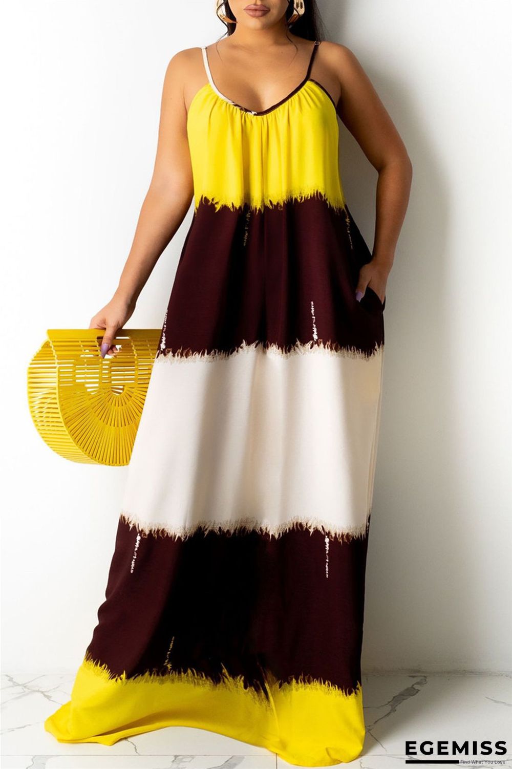 Yellow Sexy Casual Print Backless Spaghetti Strap Sleeveless Dress | EGEMISS