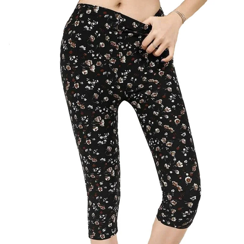 High Waist Floral Printed Fitness Leggings Mid-Calf Elastic Women Capris Push Up Trousers